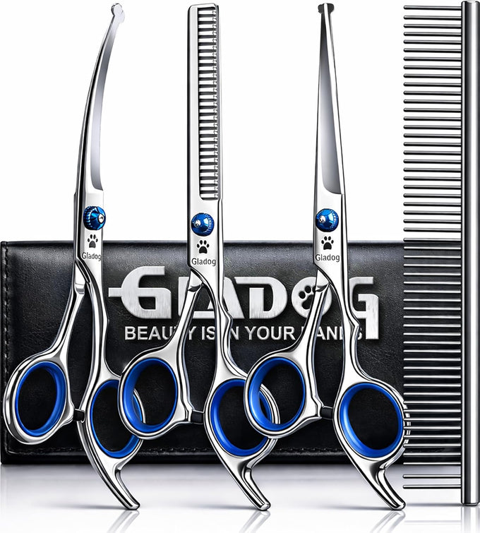 GLADOG Professional 5 in 1 Dog Grooming Scissors Set with Rounded Tips, Sharp and Heavy-duty Pet Grooming Shears for Cats