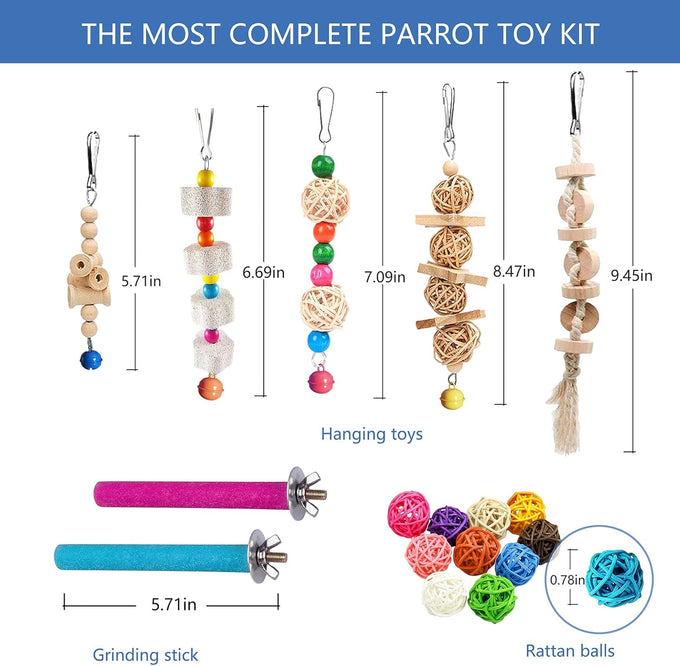 22 Pack Parakeet Cockatiel Toys Set with Safe Bells, Colorful Climbing Ladder, Natural Wood
