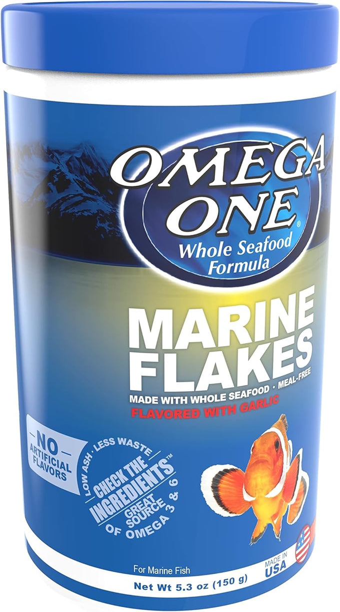 Omega One Garlic Marine Flakes for saltwater fish, 5.3 oz, sinking flakes with omega 3 fatty acids and natural color enhancers