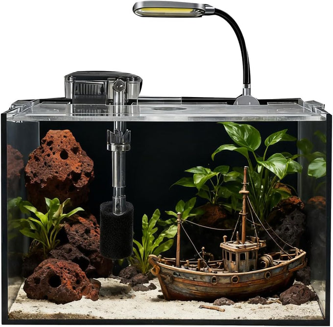 Small nano glass fish tank start kit with filter, LED light for shrimp, small fish, betta (1.5 gallon)