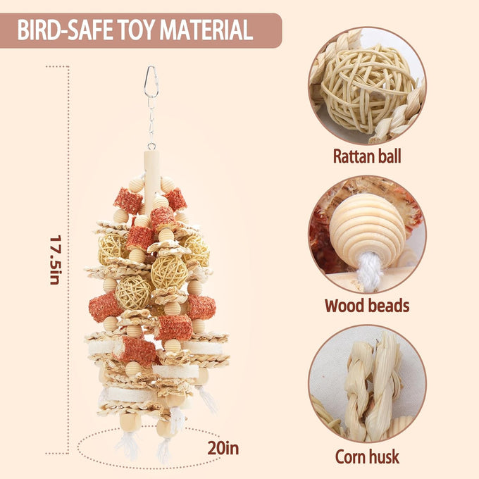 Parrot Chewing Toy 17.5 inches Natural Corn Cob Loofah Slices Rattan Balls Wood Beads