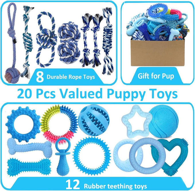 Beiker 20 Pack Blue Rubber Puppy Chew Toys with Teething Rings and Ropes for Small Breed Dogs