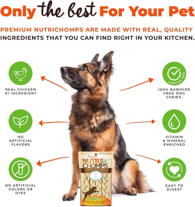 NutriChomps 6-inch Rawhide-Free Dog Treats, Healthy, Real Chicken, Peanut Butter and Milk Flavors, Pack of 4