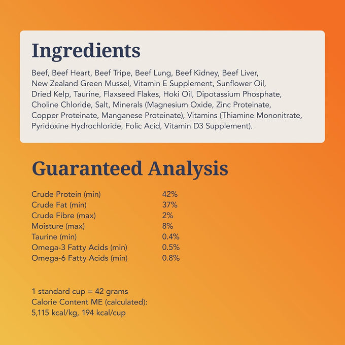 New Zealand made feline dry cat food with 98% high protein meat, organs, & seafood, grain-free, no artificial additives, beef, 11oz