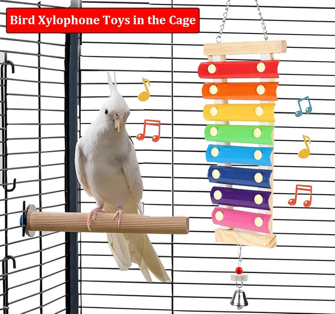 Large Multicolored Natural Wooden Parrot Xylophone Toy with Grinding Stone for Macaws, African Grey, Cockatoos, Amazon