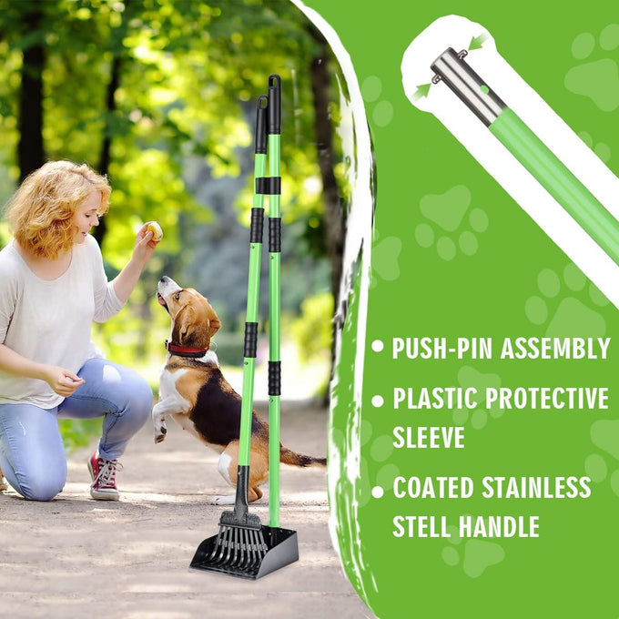 mxf pooper scooper, stainless metal tray and rake set, medium small dog use, long handle, heavy duty, pet supplies, green