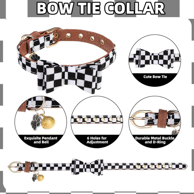 PupTecK 3-Pack Adjustable Soft Leather Dog Collar and Leash Set with Bow Tie and Bells, Black & White Checkered, Small Dogs and Cats Accessories