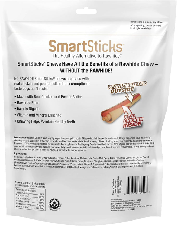 SmartBones SmartSticks 25 count peanut butter free rawhide chews for dogs