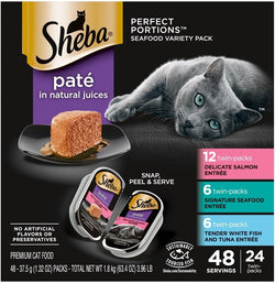 sheba perfect portions wet cat food pate with salmon, seafood, and fish variety pack, 2.6 oz twin pack trays (24 count, 48 servings)
