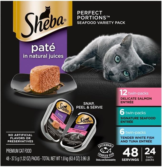 sheba perfect portions wet cat food pate with salmon, seafood, and fish variety pack, 2.6 oz twin pack trays (24 count, 48 servings)