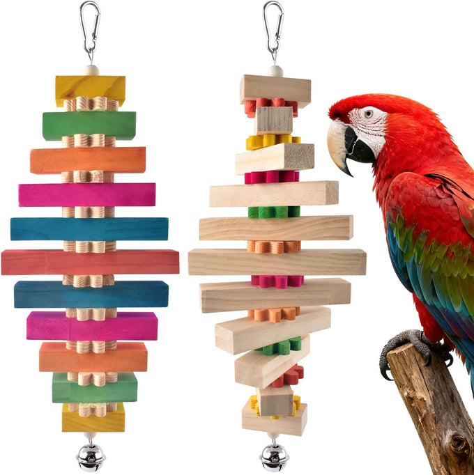 dbness 16.54in large bird toys for parrot, 2pc colorful natural wood block chew toy with bell