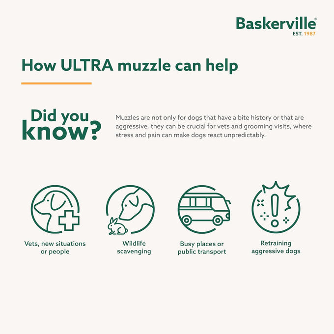 Baskerville Ultra Muzzle, Patented Humane Design, Breathable, Adjustable, Padded, Dog Training Muzzle for Large Dogs, Black, Size 5