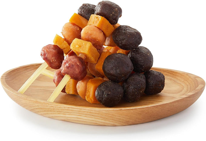 jungle calling multi-flavor kabob dog snacks, made with chicken, duck, beef, sweet potatoes, and pumpkin