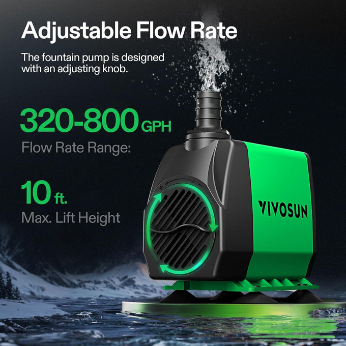 vivosun 800gph submersible pump with 10ft high lift and 6.5ft power cord for aquarium pond and hydroponics use