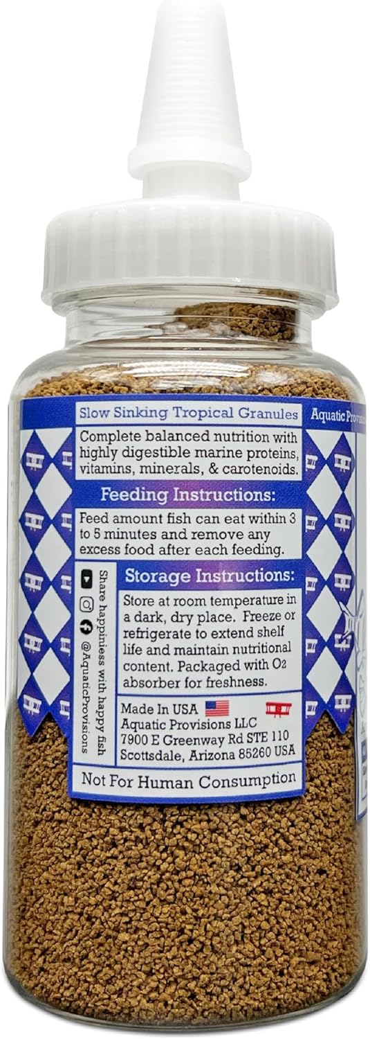 Aquatic Provisions Small Granules Fish Food, High Protein, Slow Sinking, Tropical Community Fish, Made in USA, 3.17 oz