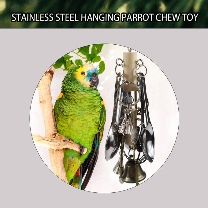 Bird Parrot Chew Toys for Macaws, African Grey Parrots, Cockatoos, and More - Brass Keys, Bells, and Mini Badminton Balls