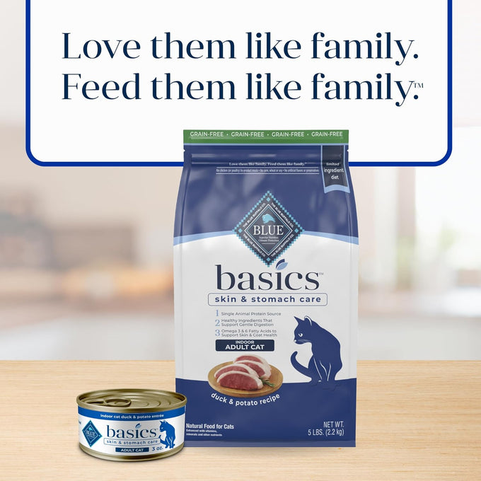 Blue Buffalo Basics Grain-Free Dry Cat Food for Indoor Cats, 5-lb. Bag, Duck & Potato Recipe, Skin & Stomach Care