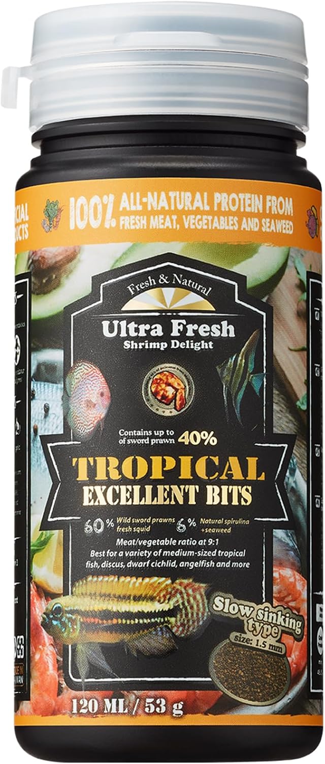 Ultra Fresh Tropical Fish Food, Wild Sword Prawn, Natural Color Enhancement, Slow Sinking Pellet for Discus, Angelfish and Medium Cichlids, 1.87 Ounces