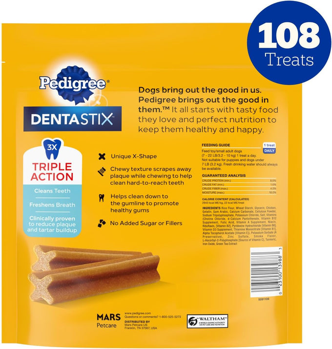 Pedigree Dentastix original dental chews for small toy breed dogs with real chicken, 108 treats, 1.63 lb bag