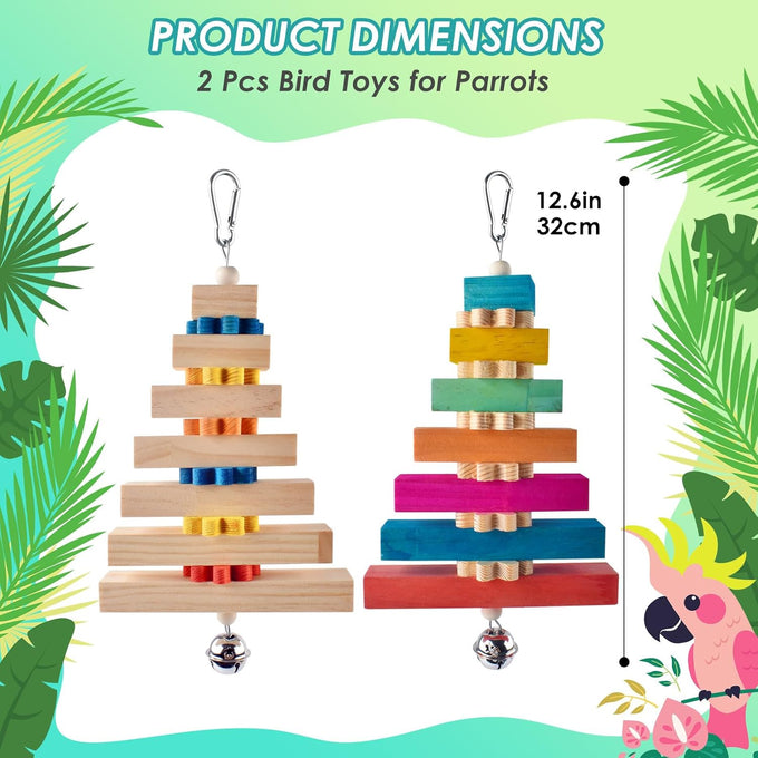 dbness large parrot hanging chew toy 2 pcs wooden block with bell for medium to large parrots and cockatiels