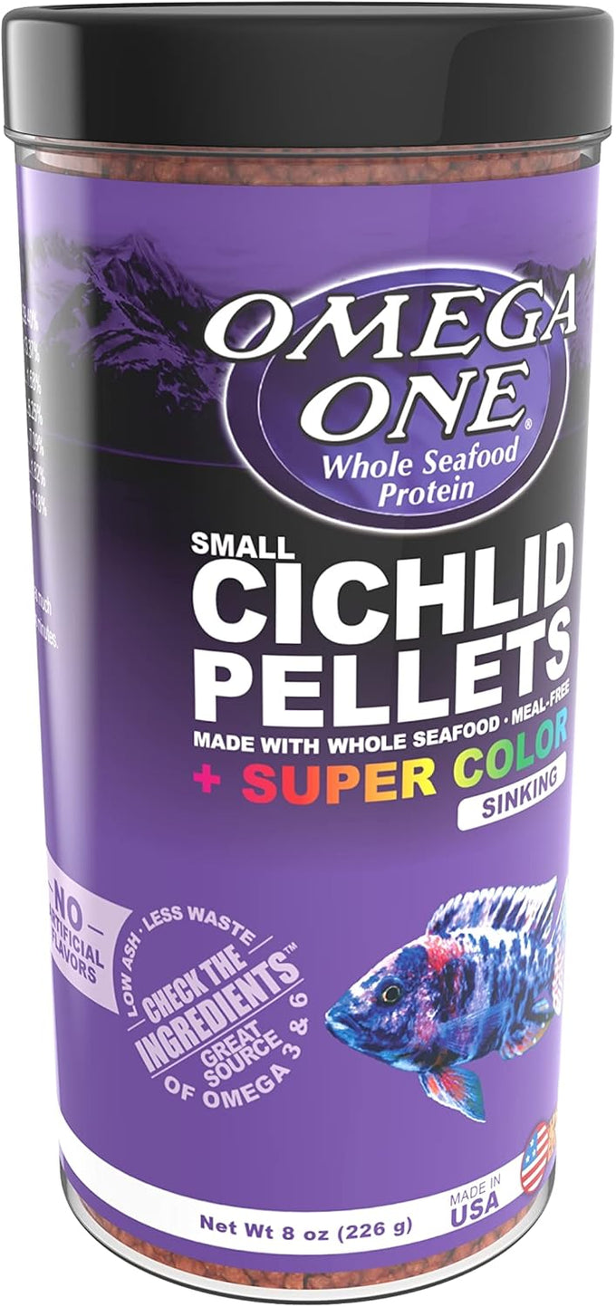Omega One Super Color Sinking Cichlid Pellets, 2mm Small Pellets, 8 oz, Ideal Balance for Cichlids, Fresh Seafoods and Spirulina
