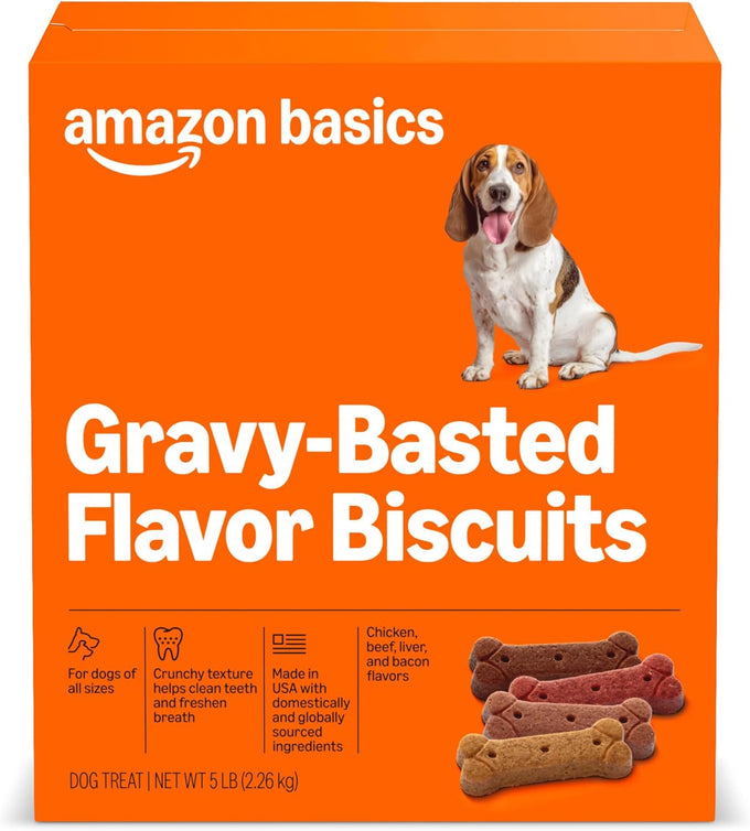 Amazon Basics Crunchy Dog Biscuits Gravy Basted Flavor 5 lb. Box for All Sizes