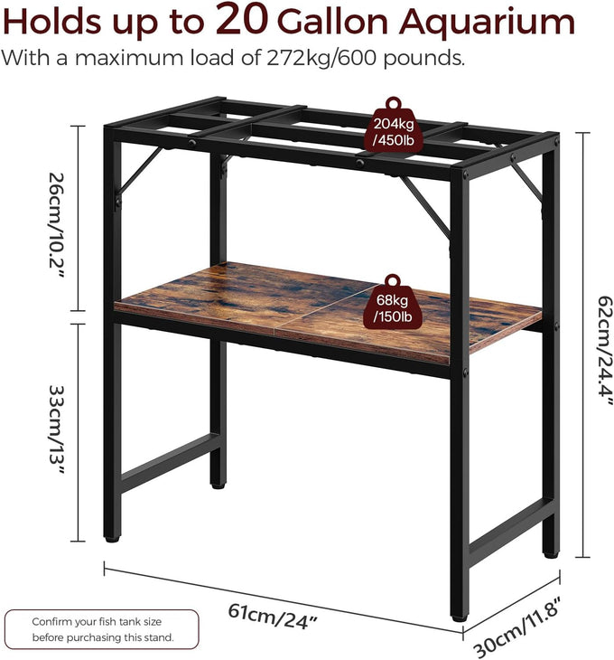 MahanCRIS 20-gallon fish tank stand with 2-tier storage shelves, heavy duty breeder turtle terrarium stand rack, rustic brown, FTHR2001