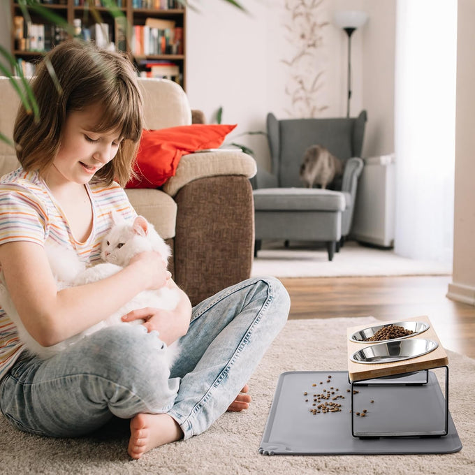 Upgraded 15°Tilted Stainless Steel Cat Bowls with Food Mat for Cats and Puppy