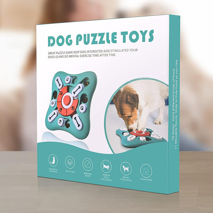 petsta dog puzzle toy, 10 inch x 10 inch x 1.3 inch, squeak button, 16-hole treat dispenser