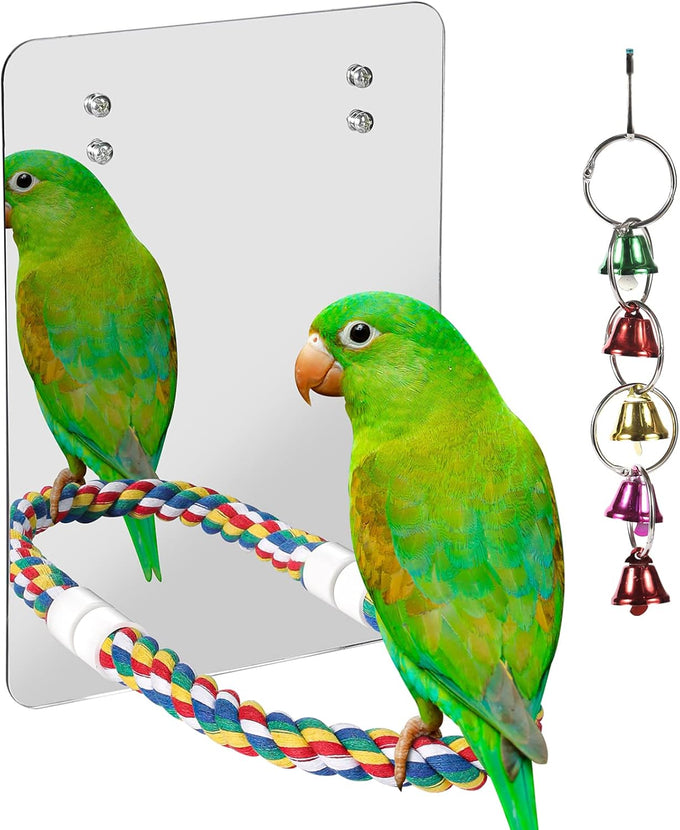 7 inch acrylic bird mirror with rope perch for grey parrots, amazons, parakeets and cockatiels