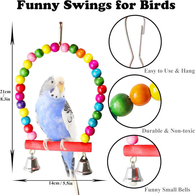 8 Pcs Parakeet Cockatiel Bird Toys Accessories Swing Wooden Perch Chewing Toy Set for Budgerigars Conures Love Birds Finches Budgies