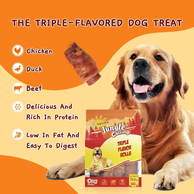 jungle calling triple flavor rolls dog treats high protein rawhide free healthy easily digestible 10.6 oz
