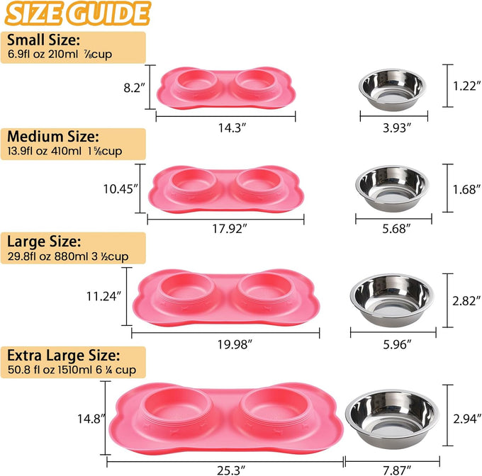 hubulk pet dog food and water bowls set with non-slip silicone mat and pet food scoop, pink, small