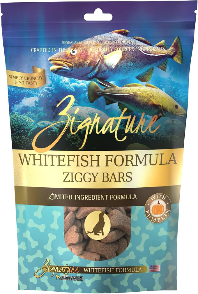 Zignature limited ingredient formula biscuits whitefish dog treats, 12 oz, crunchy texture, bone shape