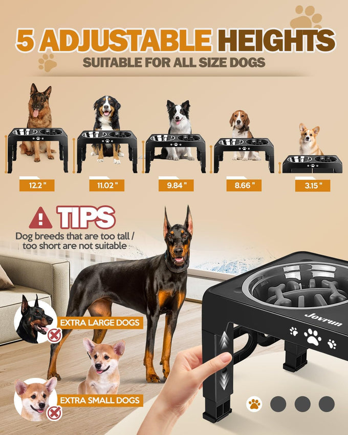 Jovrun elevated dog bowls for medium large size dogs, non-slip feeder with 2 food water bowls, 5 heights adjustable raised bowls stand