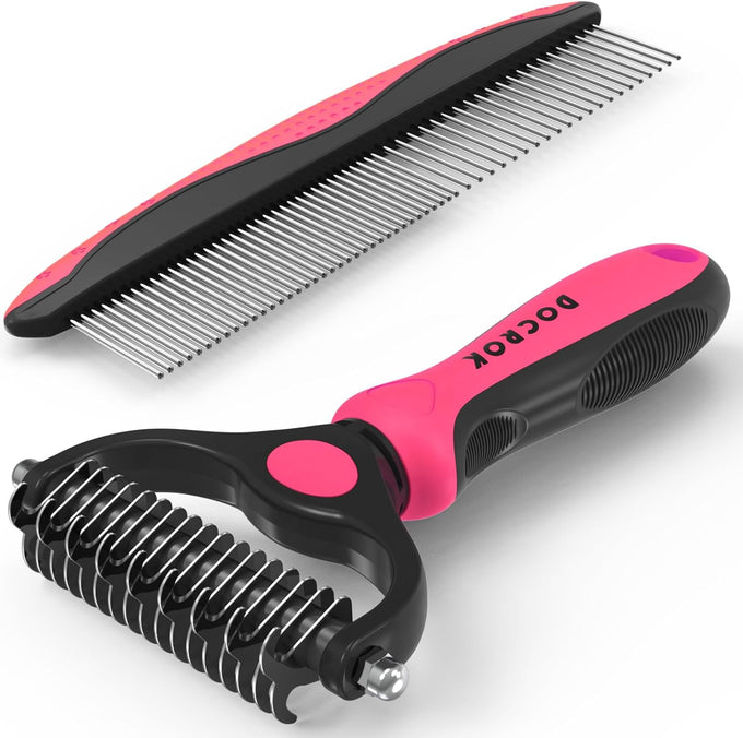 Docrok pet grooming combo with metal comb for detangling and dematting long fur on dogs and cats, blue