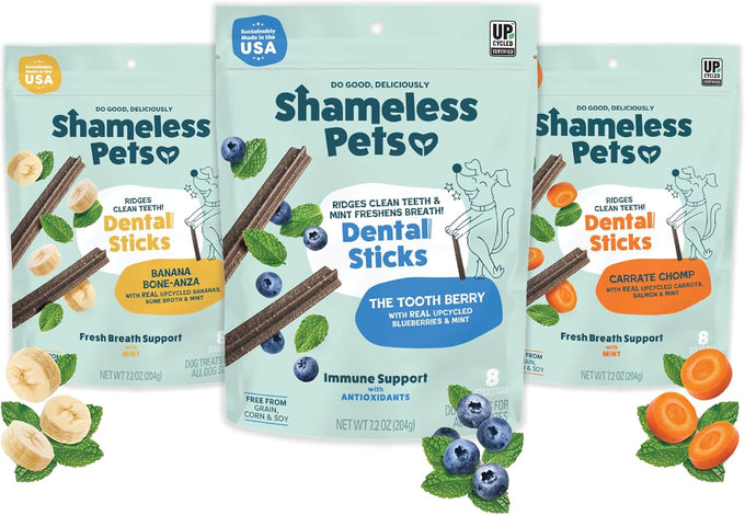 Shameless Pets Blueberry & Mint Dental Chews for Dogs, 32-piece Grain-Free Dental Sticks with Fresh Breath Benefits