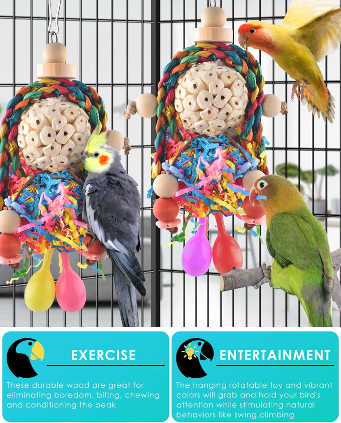 Bissap conure toys, 2pc bird parrot foraging shredder hanging toys with sola balls for small parrots, parakeets, conures, and cockatiels.