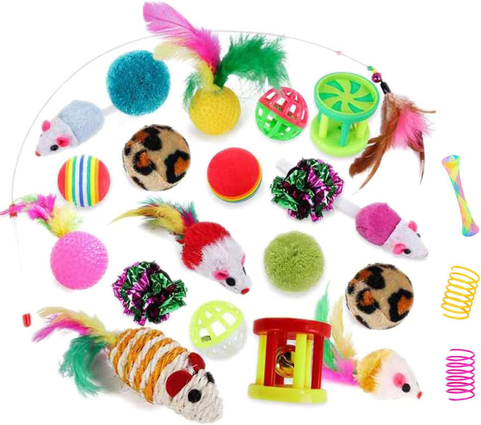 32Pcs Cat Toys Kitten Interactive Pet Toys Assortments, Foldable Rainbow Tunnel, Teaser Wand Fluffy Mouse Crinkle Balls Bell Play for Kitty Cats