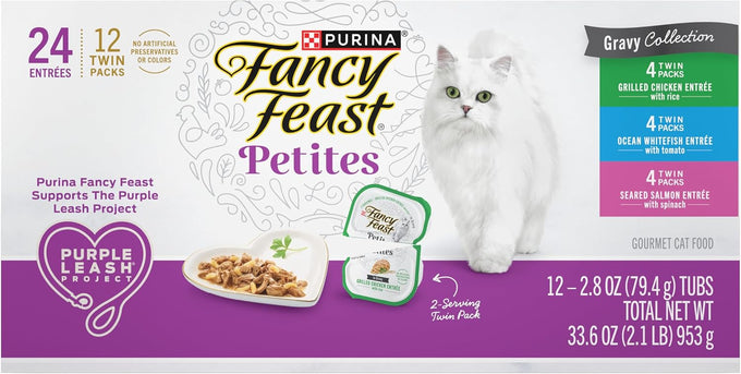 Purina Fancy Feast Gourmet Wet Cat Food Variety Pack, Petites Gravy Collection, break-apart tubs, 24 servings - (Pack of 12) 2.8 oz. Tubs