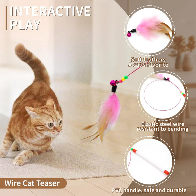 iCAGY interactive cat toy bundle for indoor cats, 25 pcs, 45 inches rainbow tunnel, colorful springs, feathers, balls, and mice