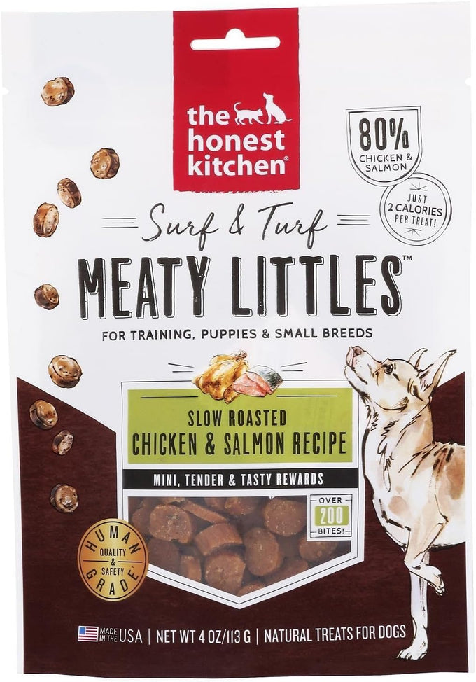 Honest Kitchen Human Grade Dog Treats Surf & Turf Meaty Littles with Beef & Salmon Recipe, 4 oz Bag, USA Made