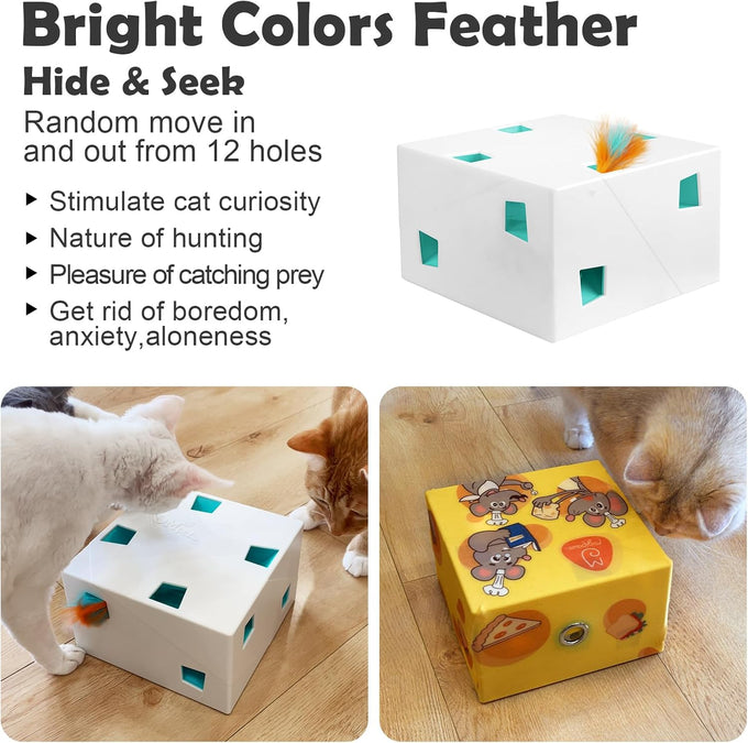Migipaws Automatic MigiBox Plus Cat Toys 3-in-1 Interactive Pounce Mystery Under 12 Holes Rechargeable White Kitten Toy