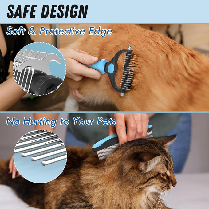 Docrok pet grooming combo with metal comb for detangling and dematting long fur on dogs and cats, blue
