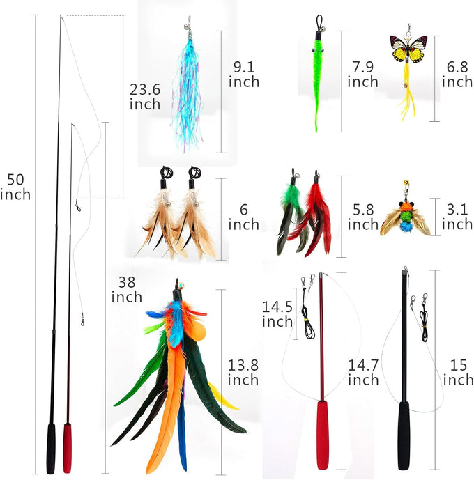 miwoowim 2PCS ultra-long teaser cat toys with 9PCS da bird feather refills, fishing pole toy and feather attachment replacement