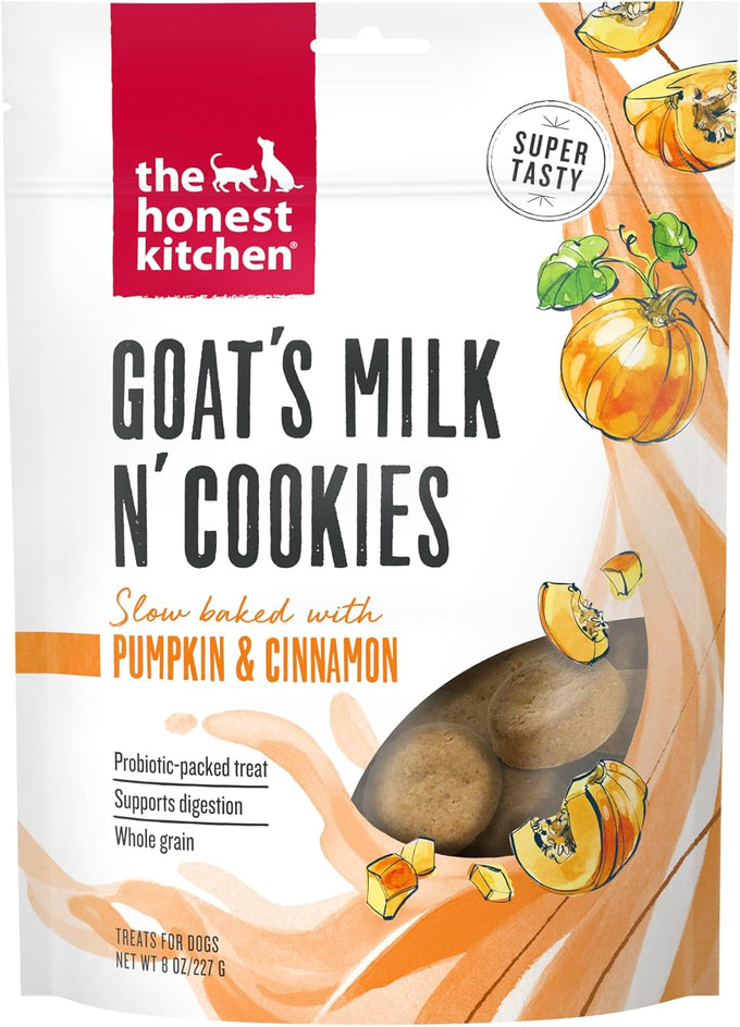 The Honest Kitchen Human Grade Dog Treats, Goat's Milk N' Cookies with Probiotics, Slow Baked with Blueberries & Vanilla, 8 oz Bag for All Ages & Sizes.