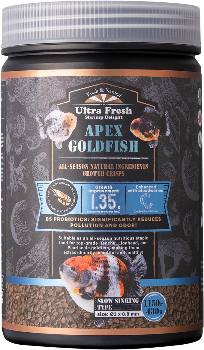 Ultra Fresh Apex Goldfish Growth Crisps, Premium All Natural Sword Prawn Flavor, 1.76 oz, Slow Sinking
