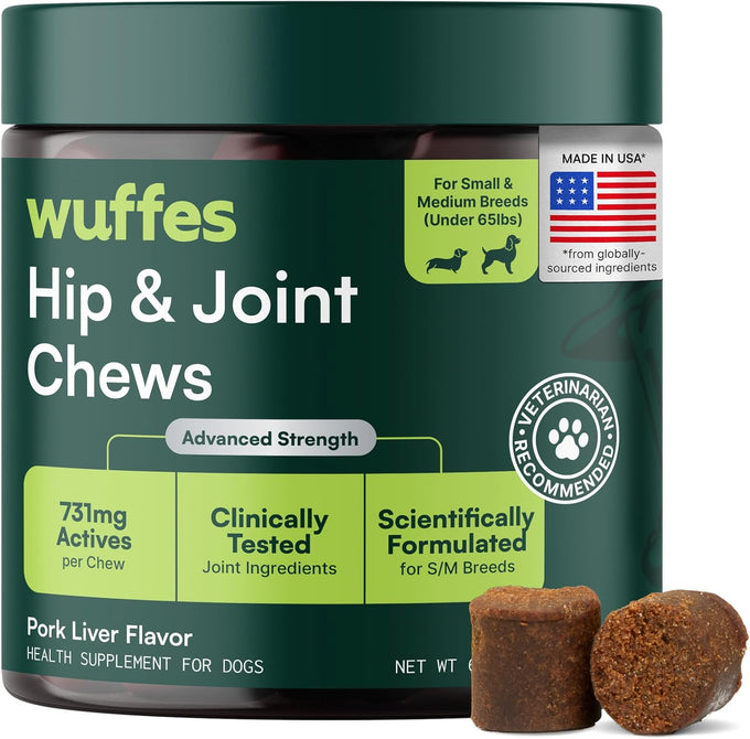 Wuffes Advanced Glucosamine Chondroitin Omega 3 MSM Green Lipped Mussel Supplement for Small Medium Dog Breeds 60 Pork Flavored Chews