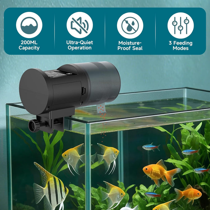 aqqa automatic fish feeder, 200ml large capacity, moisture-proof, lcd timer, battery operated, auto fish feeder for aquarium
