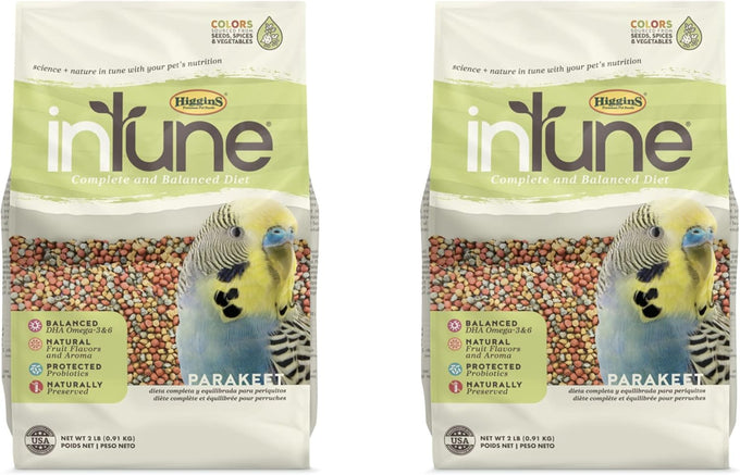 Higgins 2-pack Intune parakeet food, 2 pounds each, complete and balanced diet, plant-based, USA made